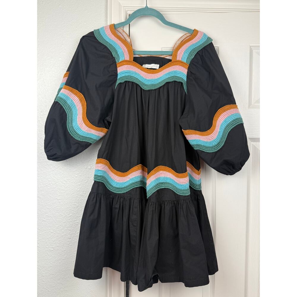 Corey Lynn Calter Wave Embroidered Black Mini Dress XS Puff Sleeve